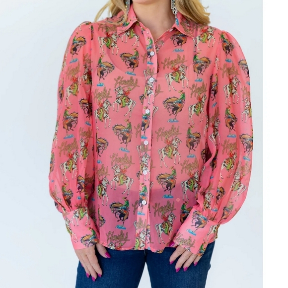 Turquoise Haven Tops - NWT Turquoise Haven Western Pink Howdy Blouse XL Puff Sleeves Bucking Bronco